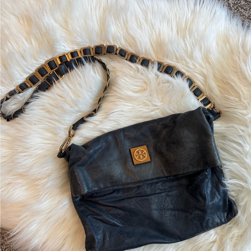 Tory Burch Navy Blue Leather Crossbody with Gold Chain
